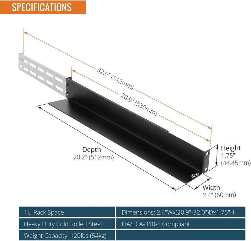 Tecmojo 2 Pack 1U Universal Rack Mount Rails,4-Post Server Rack Shelf Rail with 20.9"-32" Adjustable Depth Fit for Non-Rack Mountable Server/Networking/AV/IT Equipment - Image 2